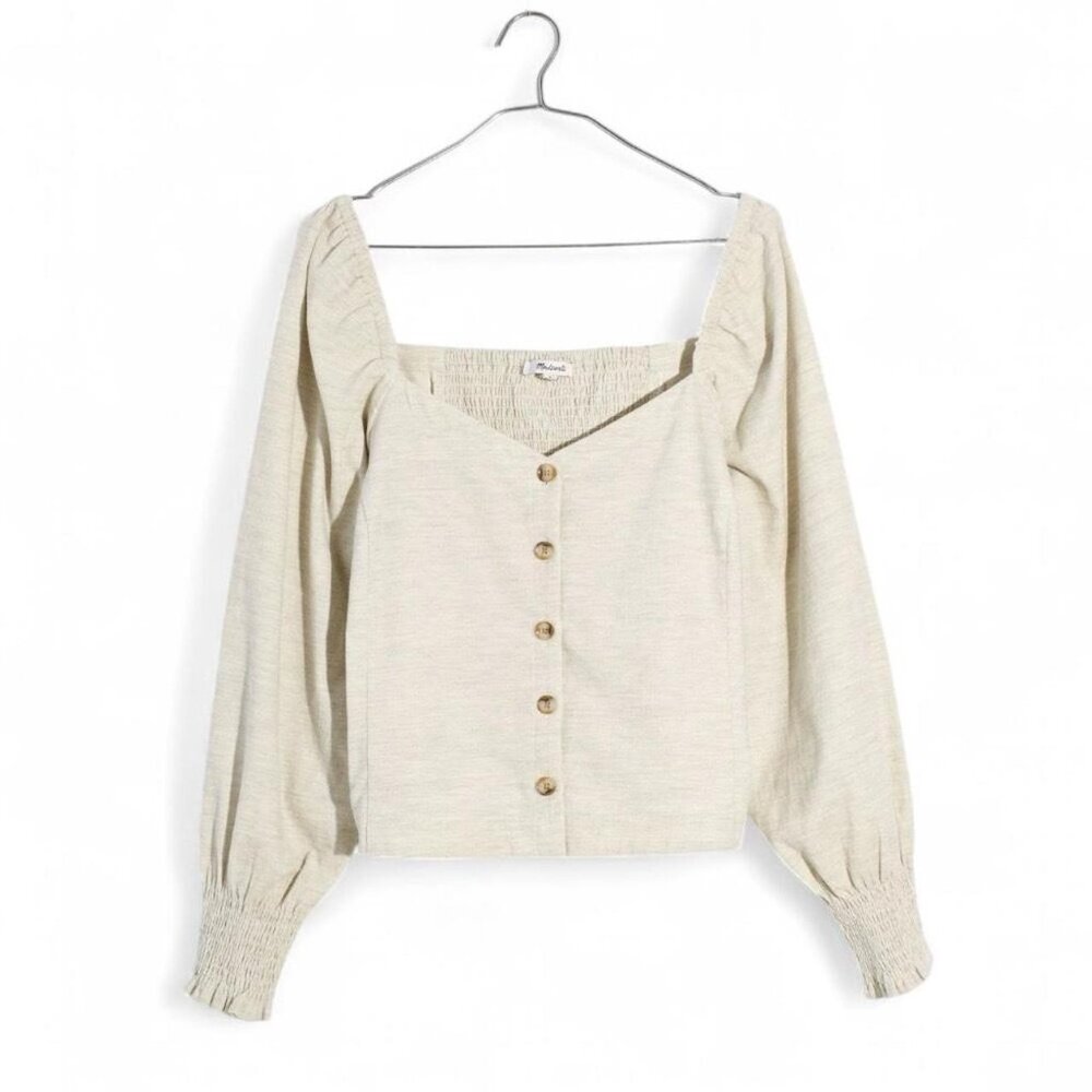 Madewell Corduroy Sweetheart Smocked-Back Long Sleeve Blouse in Melange Grey